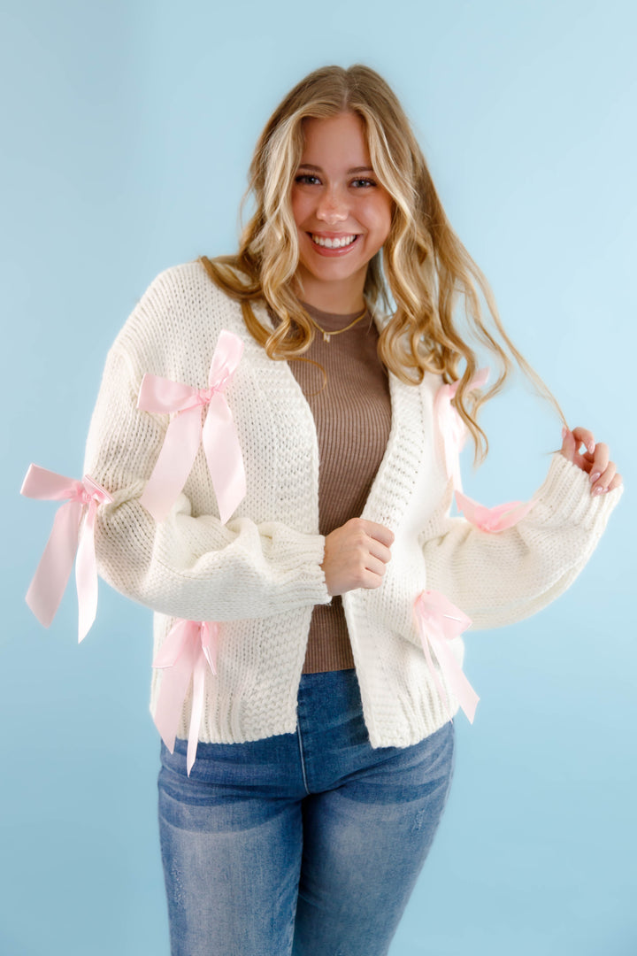Ivory Knit Cardigan- Women's Pink Bow Cardigan- Oversized