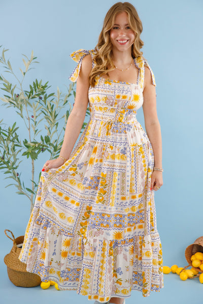 Bila77 Barcelona Dress- Women's Lemon Print Dress- Mediterranean Print Dress 