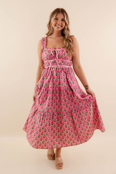 Pink Floral Smocked Midi Dress- Women's Pink Spring Dresses- Entro Floral Midi