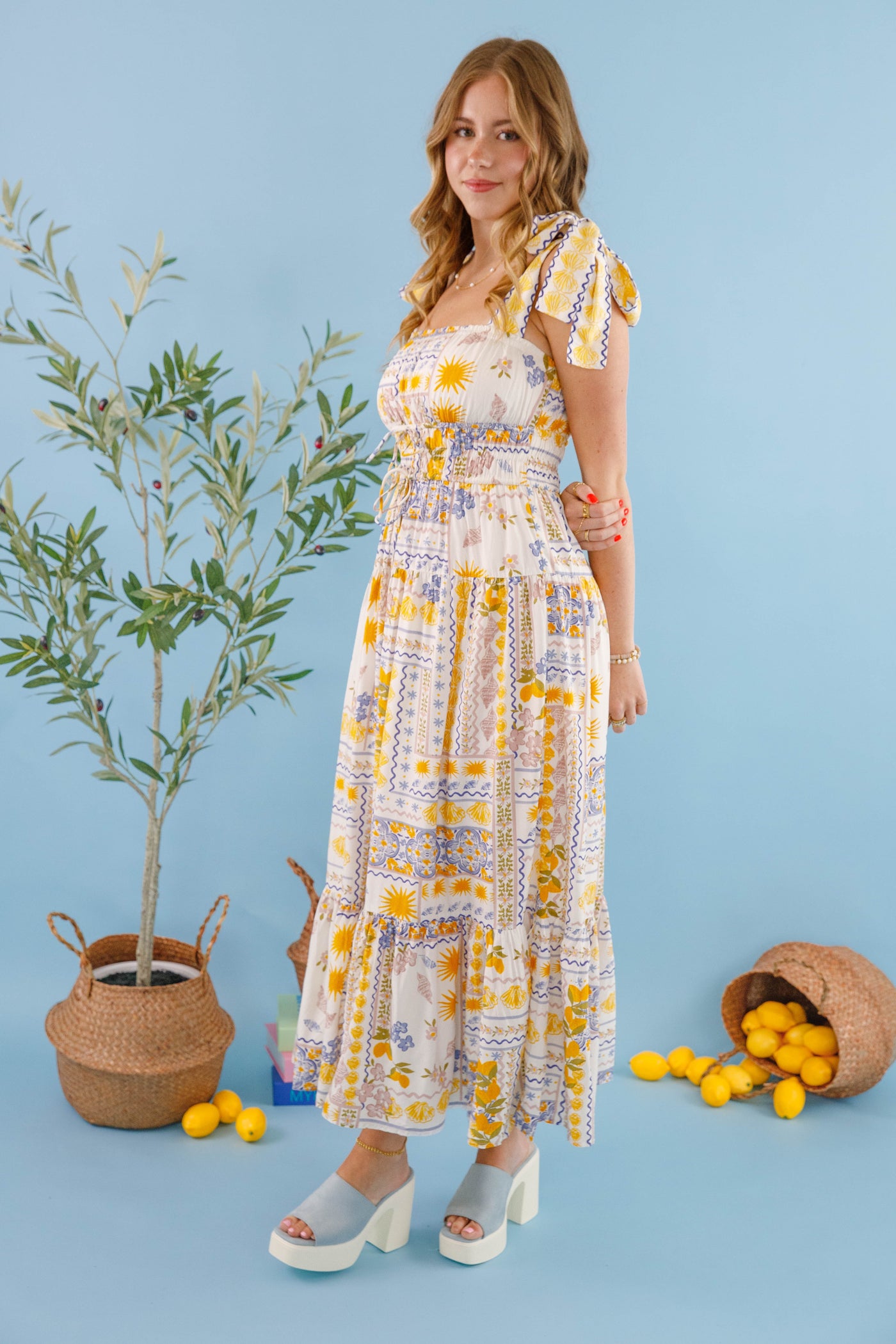 Bila77 Barcelona Dress- Women's Lemon Print Dress- Mediterranean Print Dress 