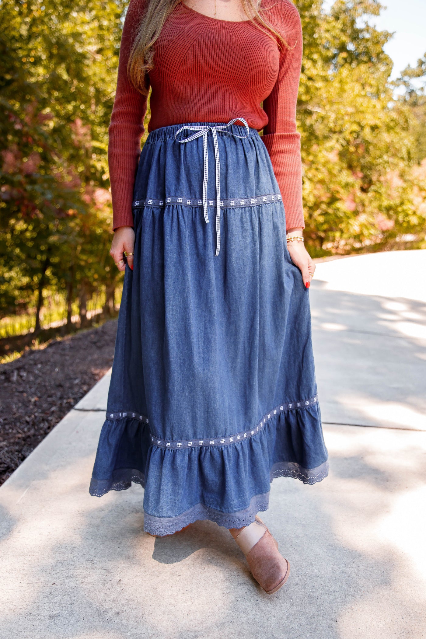 Denim Maxi Skirt- Women's Stylish Denim Maxi Skirt- Creamon Denim Skirt