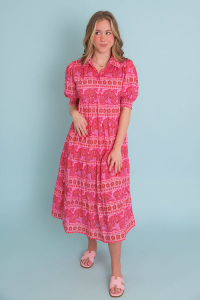 Women's Mixed Animal Print Tunic- Hot Pink Midi Tunic- Umgee Print Midi Dress