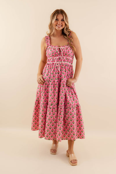 Pink Floral Smocked Midi Dress- Women's Pink Spring Dresses- Entro Floral Midi