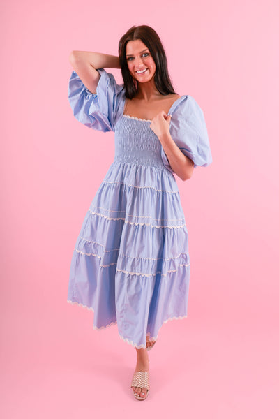 Women's Preppy Dresses- Blue and White Rick Rack Dress- Aureum Dress Small