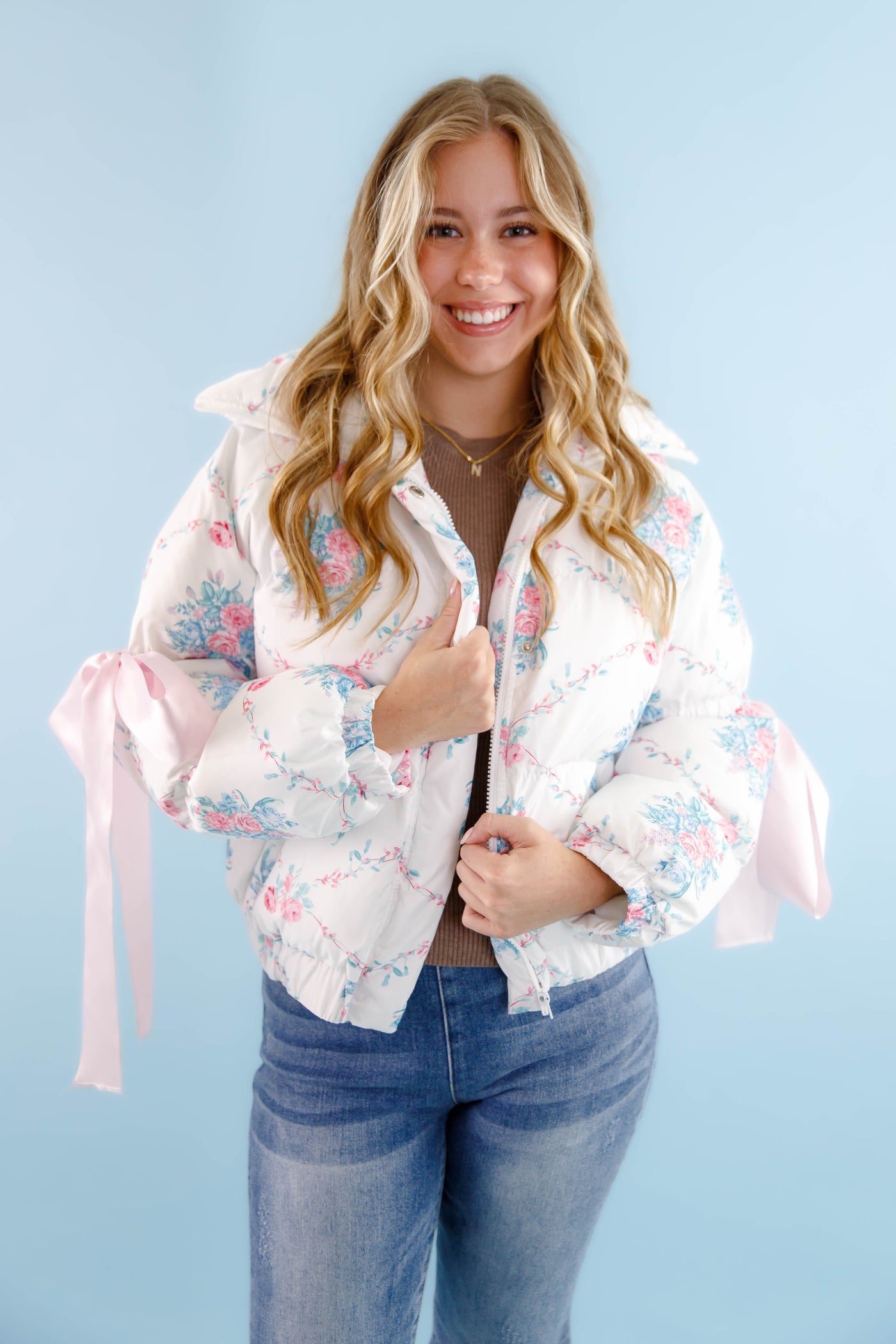 Floral Puffer Jacket- Women's Pink Bow Puffer Jacket- TCEC White Puffer Jacket