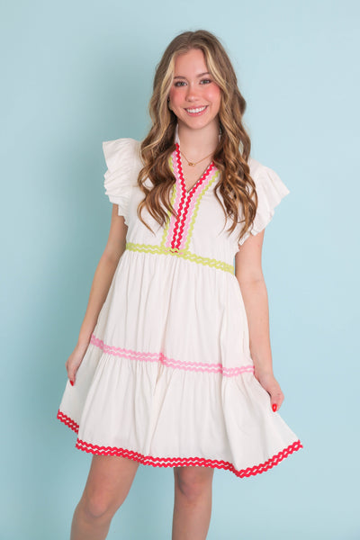Colorful Ric-Rac Mini Dress- Women's Fun Dresses- Women's Vacation Dresses