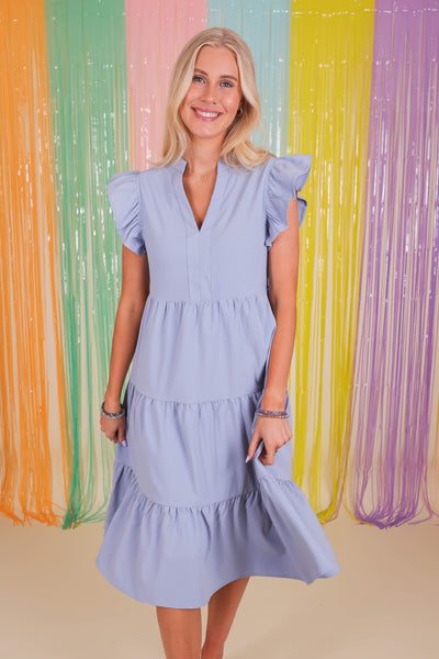 Women's Blue Midi Dress- Tiered Ruffle Midi Dress- Entro Ruffle Midi Dress