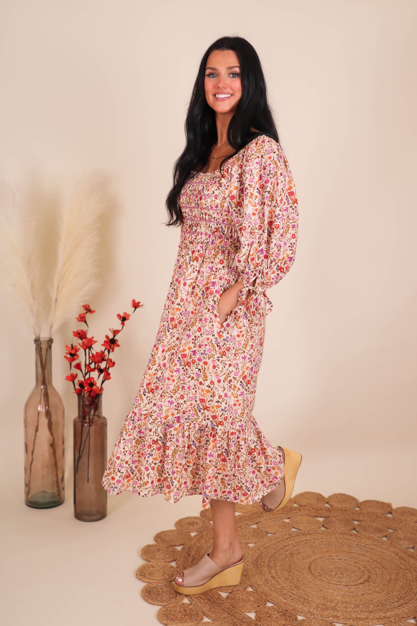 Women's Floral Midi Dress- Women's Pretty Smocked Midi Dress- Aureum Midi Dress