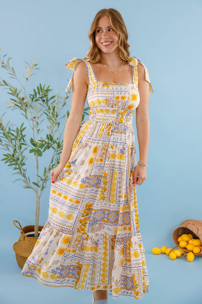 Bila77 Barcelona Dress- Women's Lemon Print Dress- Mediterranean Print Dress 