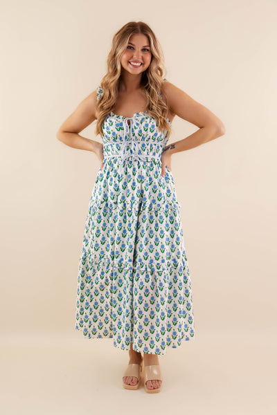 White Floral Smocked Midi Dress- Women's Blue Spring Dresses- Entro Floral Midi