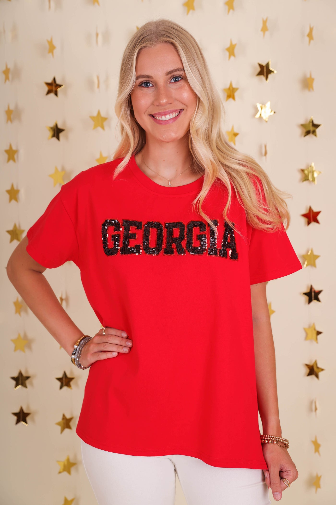 Women's Red Georgia Shirt- Sequin UGA Tee- Women's Cute UGA Top