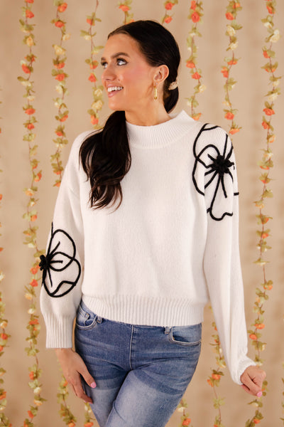 Flower Embroidery Sweater- Women's Chic White Sweater- Women's Flower Sweater