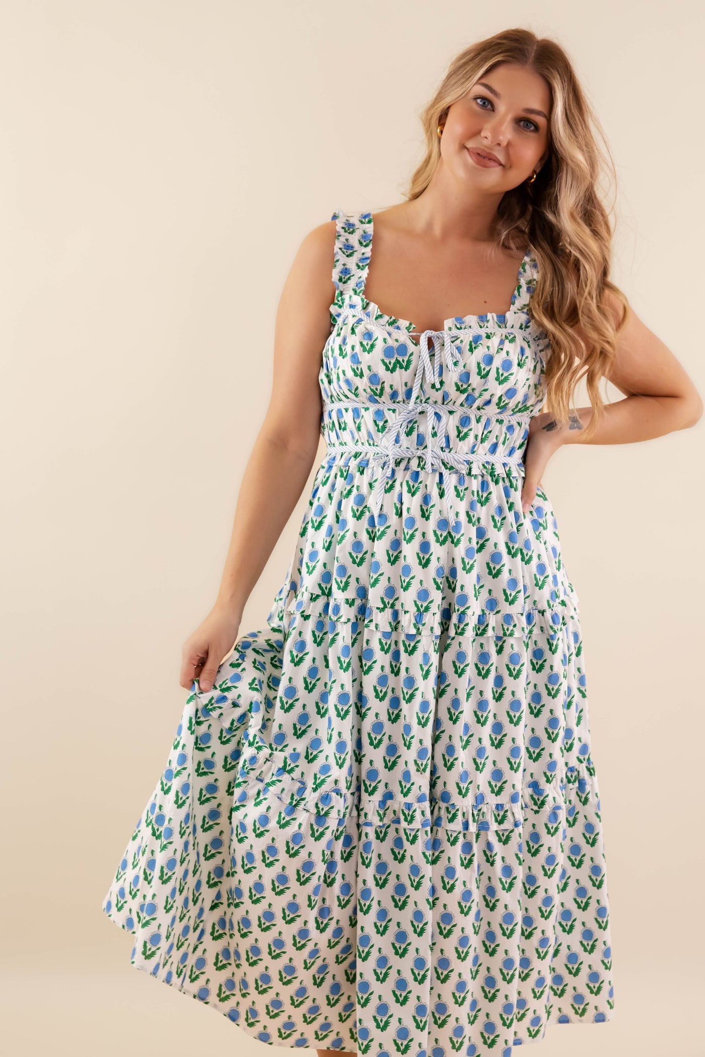 White Floral Smocked Midi Dress- Women's Blue Spring Dresses- Entro Floral Midi