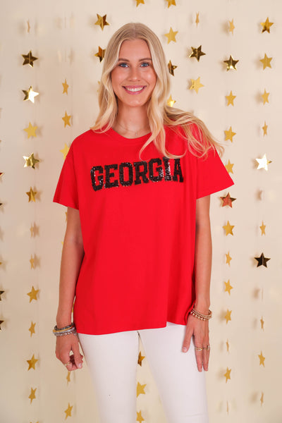 Women's Red Georgia Shirt- Sequin UGA Tee- Women's Cute UGA Top