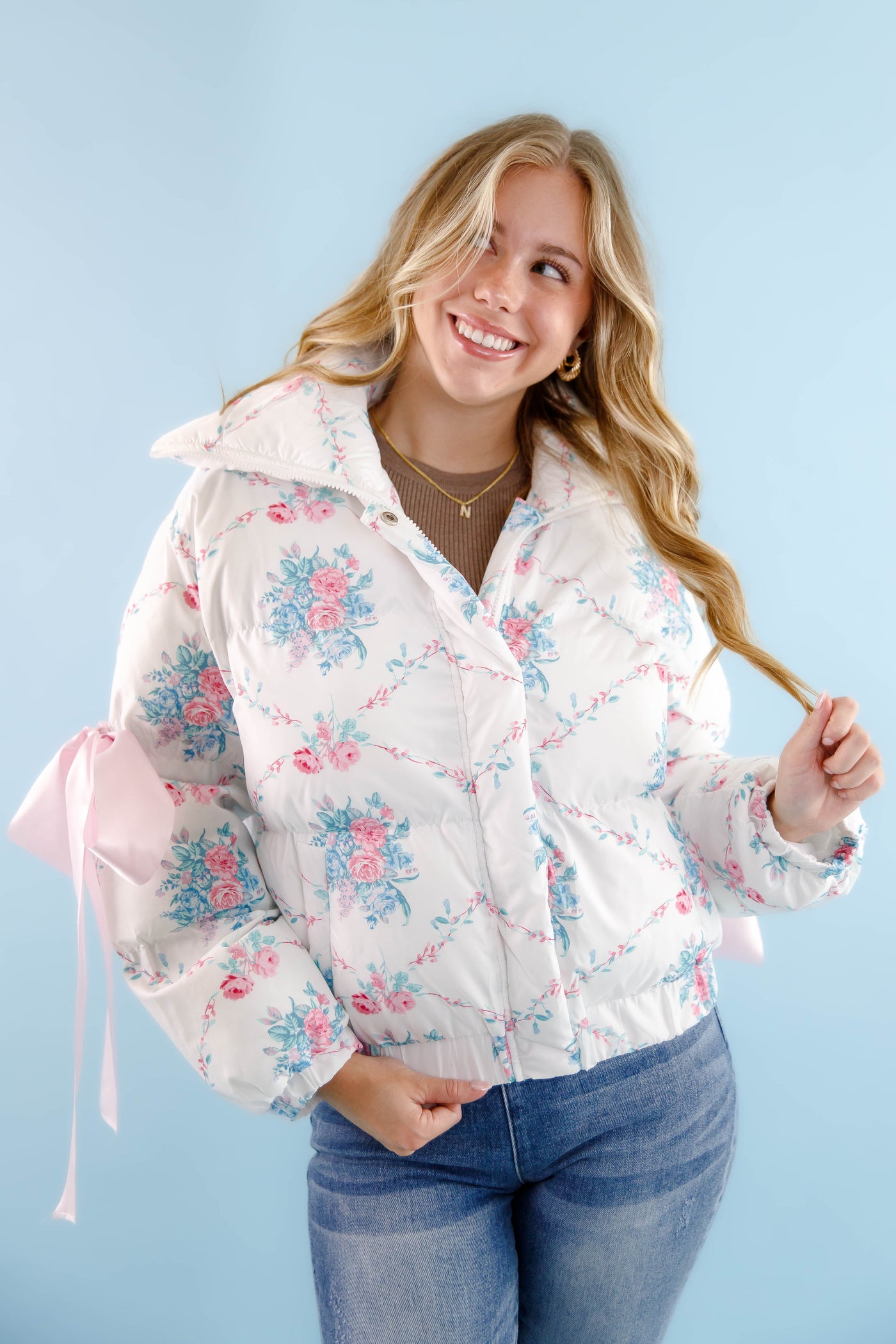 Floral Puffer Jacket- Women's Pink Bow Puffer Jacket- TCEC White Puffer Jacket