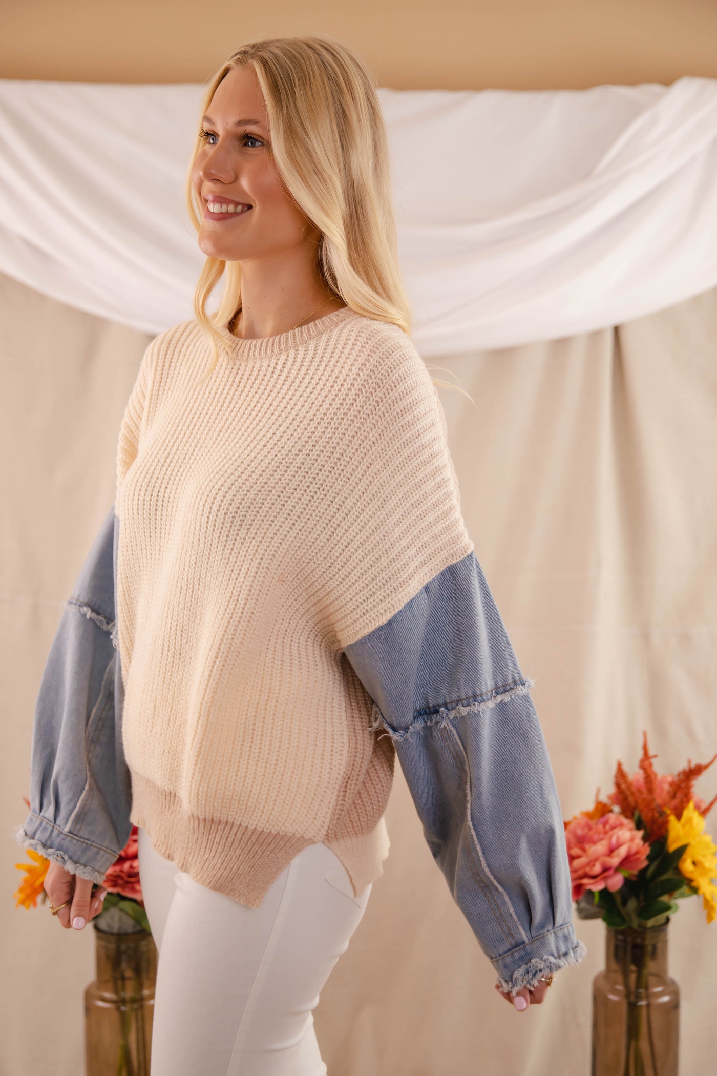 Women's Oversized Knit Sweater- Women's Denim Sleeve Sweater- Adora Color-Block Sweater