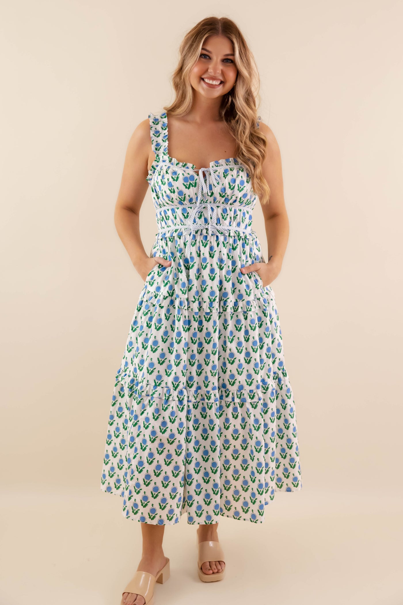 White Floral Smocked Midi Dress- Women's Blue Spring Dresses- Entro Floral Midi