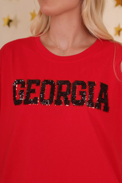 Women's Red Georgia Shirt- Sequin UGA Tee- Women's Cute UGA Top