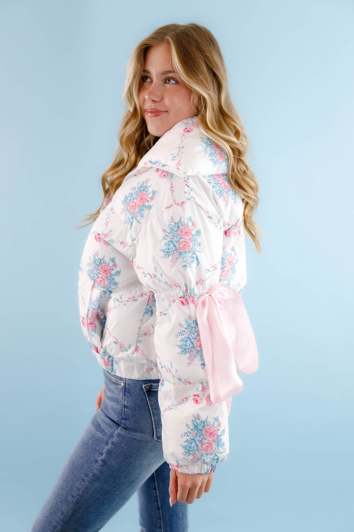 Floral Puffer Jacket- Women's Pink Bow Puffer Jacket- TCEC White Puffer Jacket