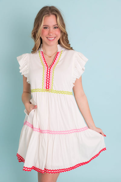 Colorful Ric-Rac Mini Dress- Women's Fun Dresses- Women's Vacation Dresses