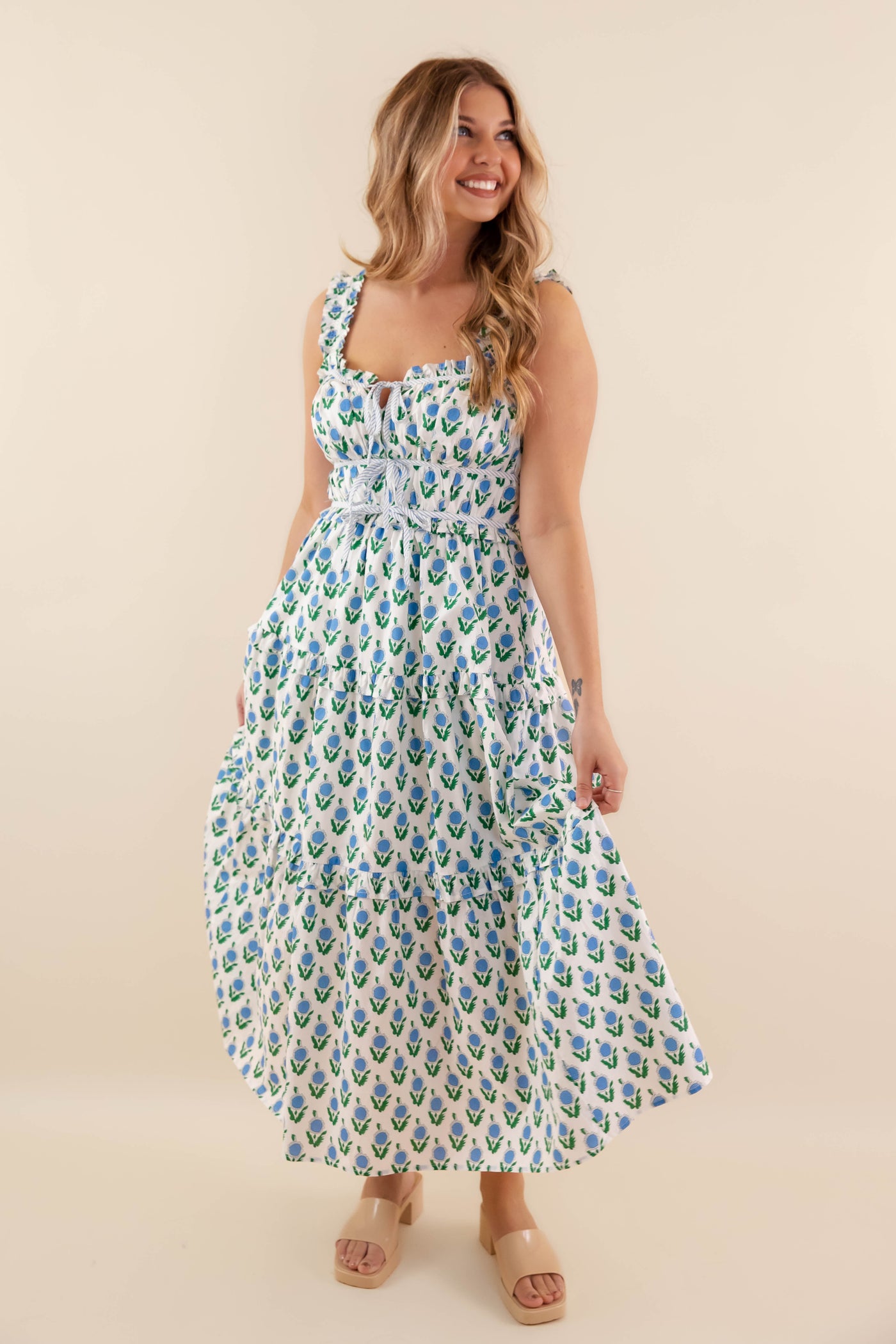 White Floral Smocked Midi Dress- Women's Blue Spring Dresses- Entro Floral Midi