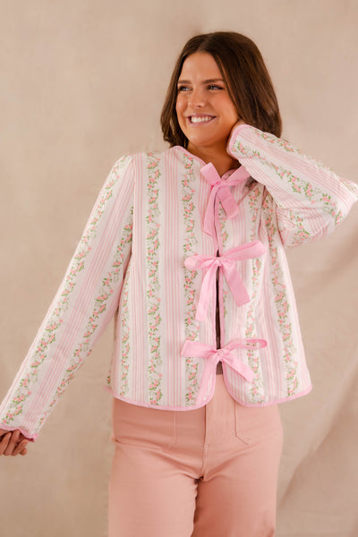 Feminine Quilted Jacket- Pink Floral and Stripe Coat- Bow Tie Front Jacket