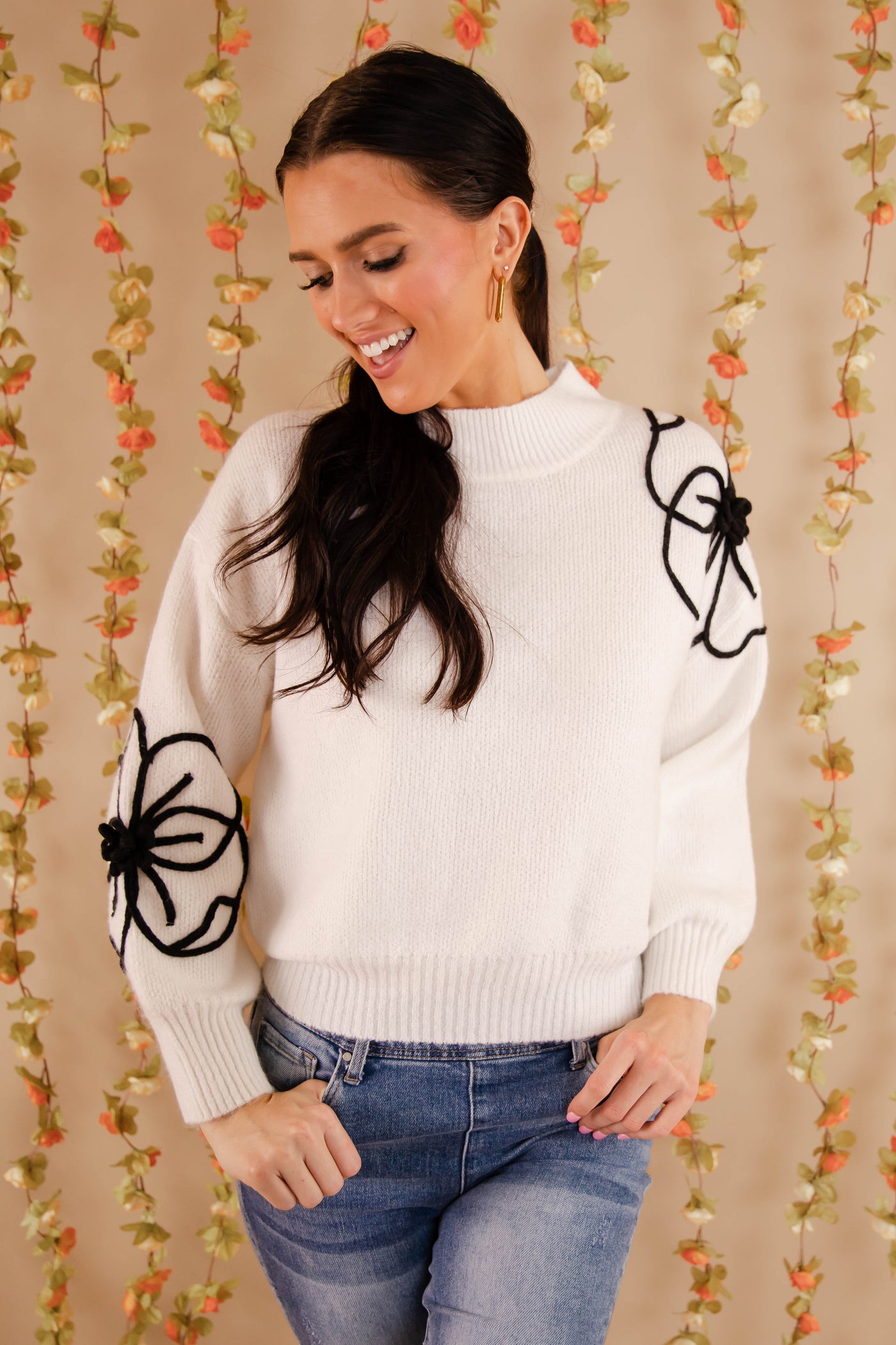 Flower Embroidery Sweater- Women's Chic White Sweater- Women's Flower Sweater