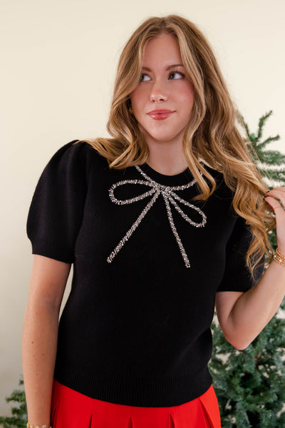 Elegant Sweater with Beaded Ribbon Design- Holiday Party Sweater- She + Sky Beaded Bow Sweater