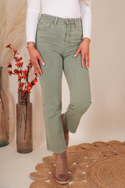 Women's Olive Green Jeans- Straight Leg Olive Pants- Women's Risen Jeans