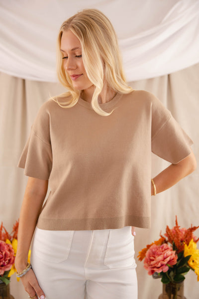 Taupe Boxy Sweater Top- Women's Cashmere Feel Sweater- Wishlist Sweaters