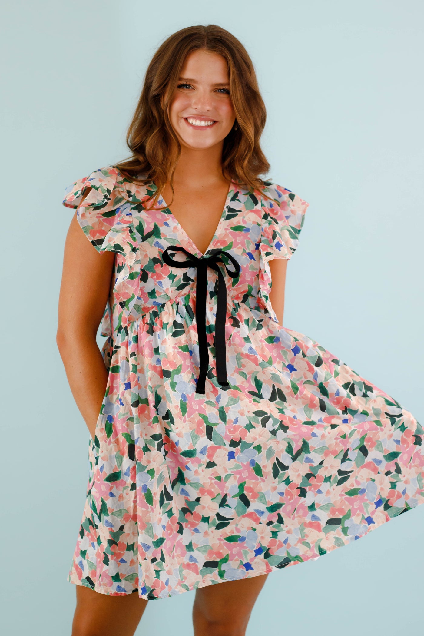 Pink Floral Flutter Sleeve Mini Dress- Women's Floral Mini Dress- Entro Dresses Small Pink Floral Flutter Sleeve Mini Dress- Women's Floral Mini Dress- Entro Dresses Small