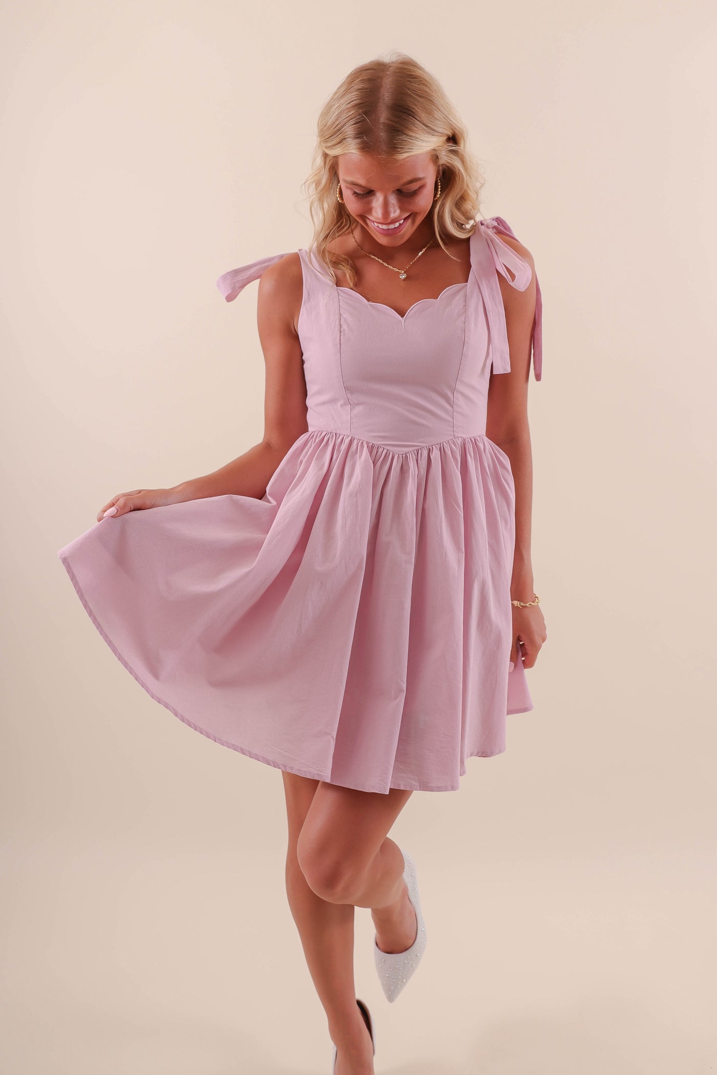 Women's Pink Scallop Mini Dress- Coquette Pink Mini Dress- Mable Scallop Dress