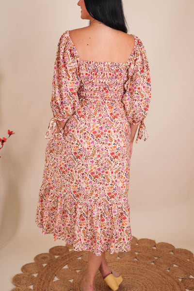Women's Floral Midi Dress- Women's Pretty Smocked Midi Dress- Aureum Midi Dress