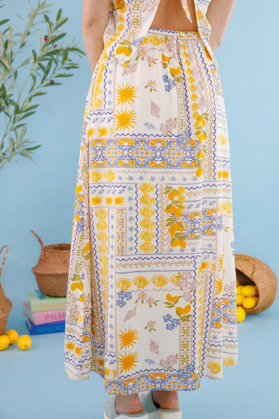 Bila77 Landa Skirt- Mediterranean printed maxi skirt- Matching Lemon Top and Skirt 