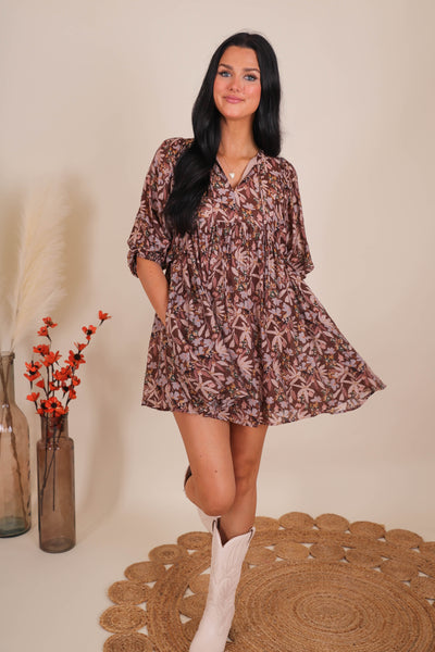 Floral Print Mini Dress- Women's Fall Dresses- Entro Dresses