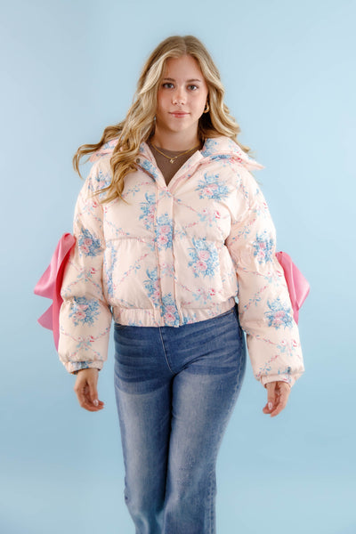 Floral Puffer Jacket- Women's Pink Bow Puffer Jacket- TCEC Pink Puffer Jacket