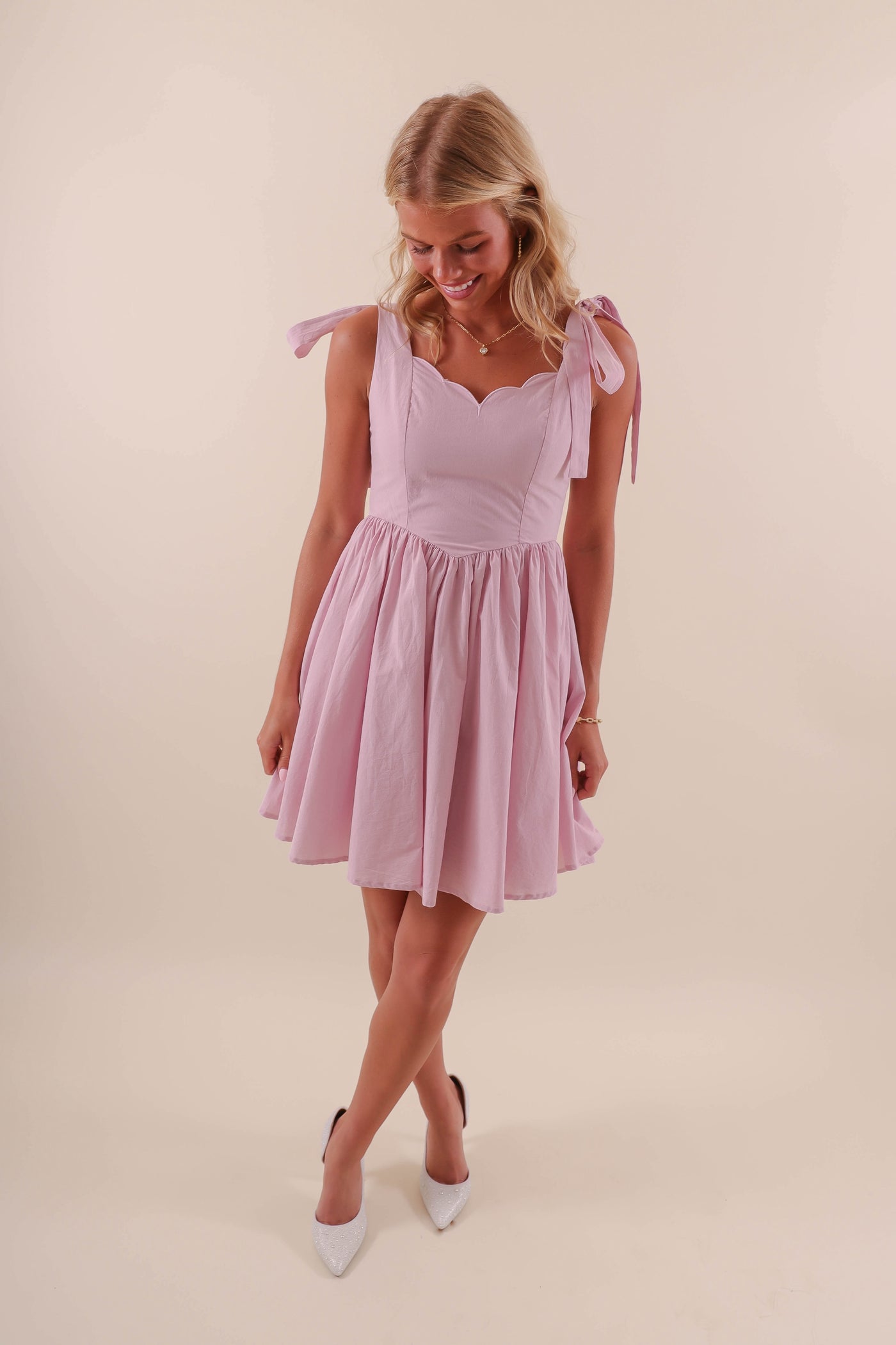 Women's Pink Scallop Mini Dress- Coquette Pink Mini Dress- Mable Scallop Dress