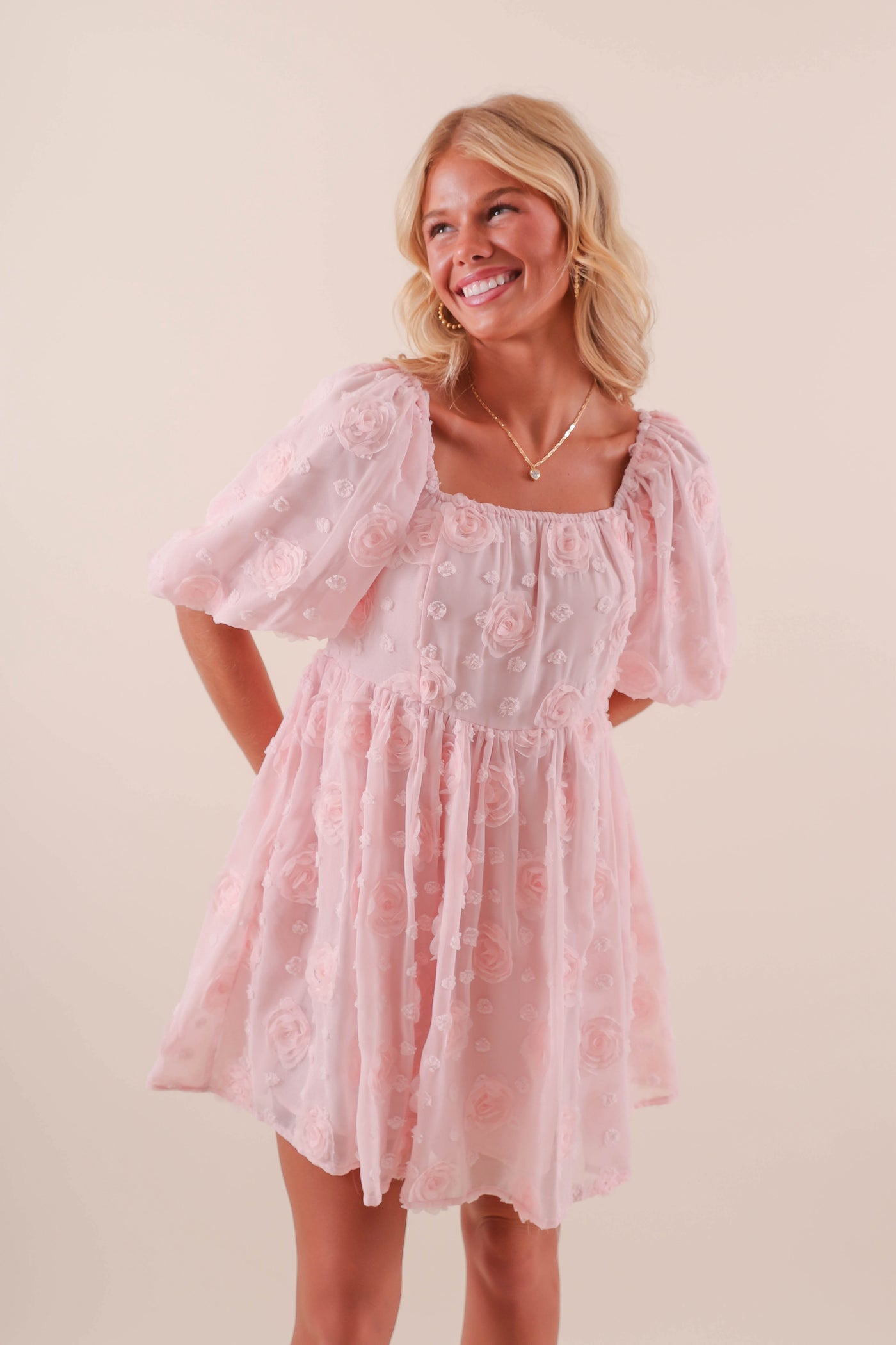 Women's 3D Rose Dress- Blush Pink Babydoll Dress- Women's Pink Flower Dress