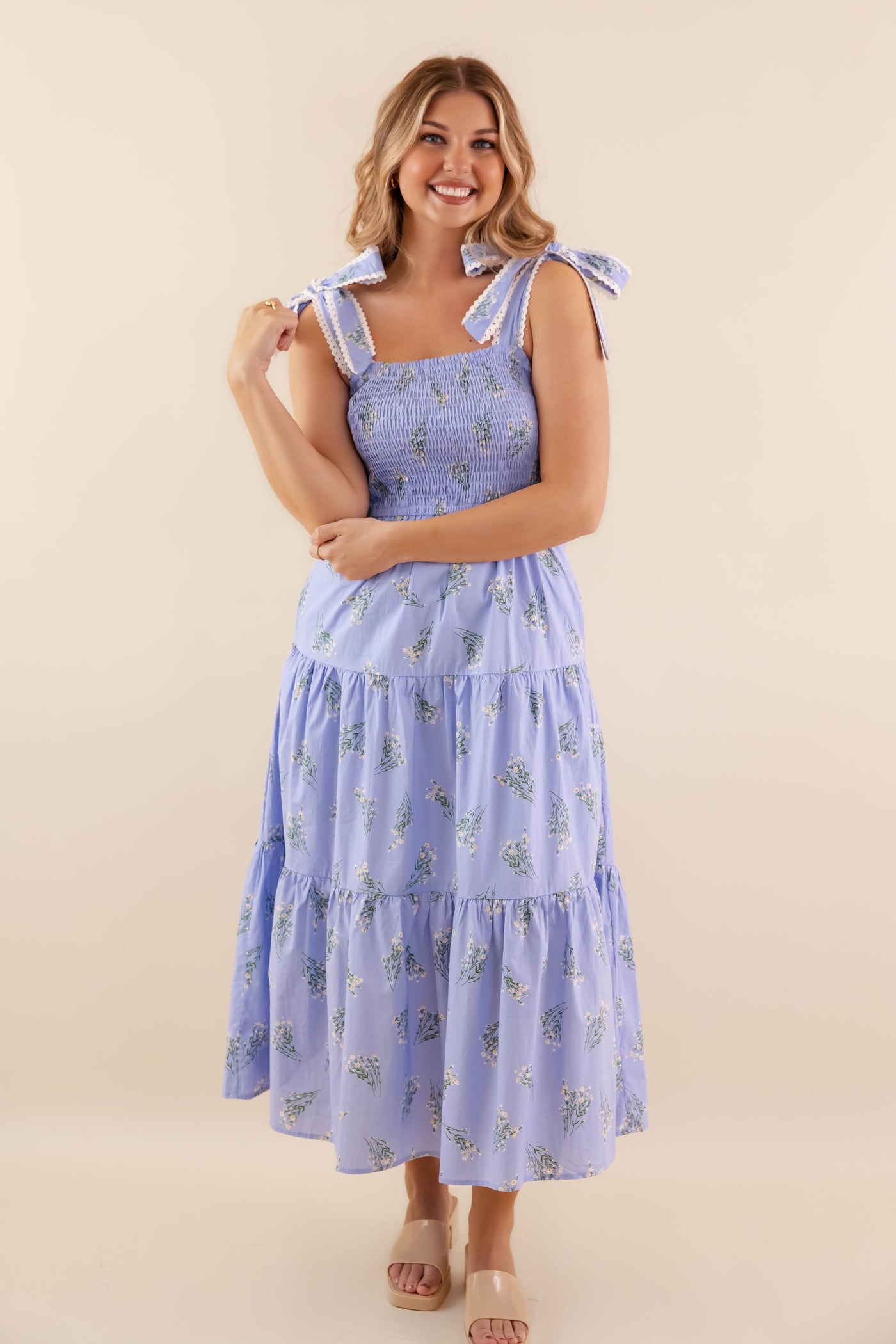 Floral Smocked Tie Shoulder Midi Dress- Women's Blue Scallop Midi- Entro Dresses