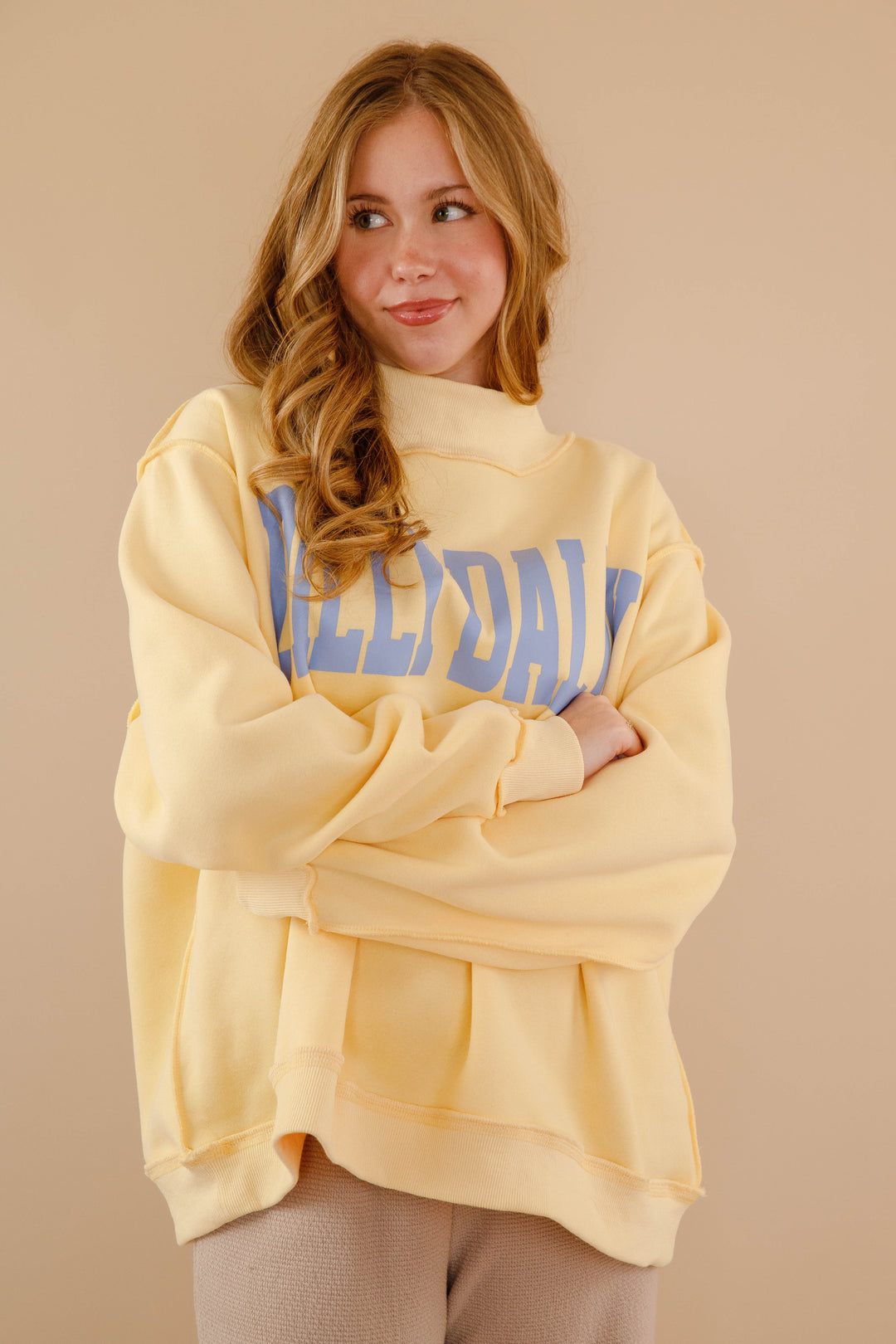 Dilly Dally Pullover- Women's Yellow Mockneck Pullover- Oversized