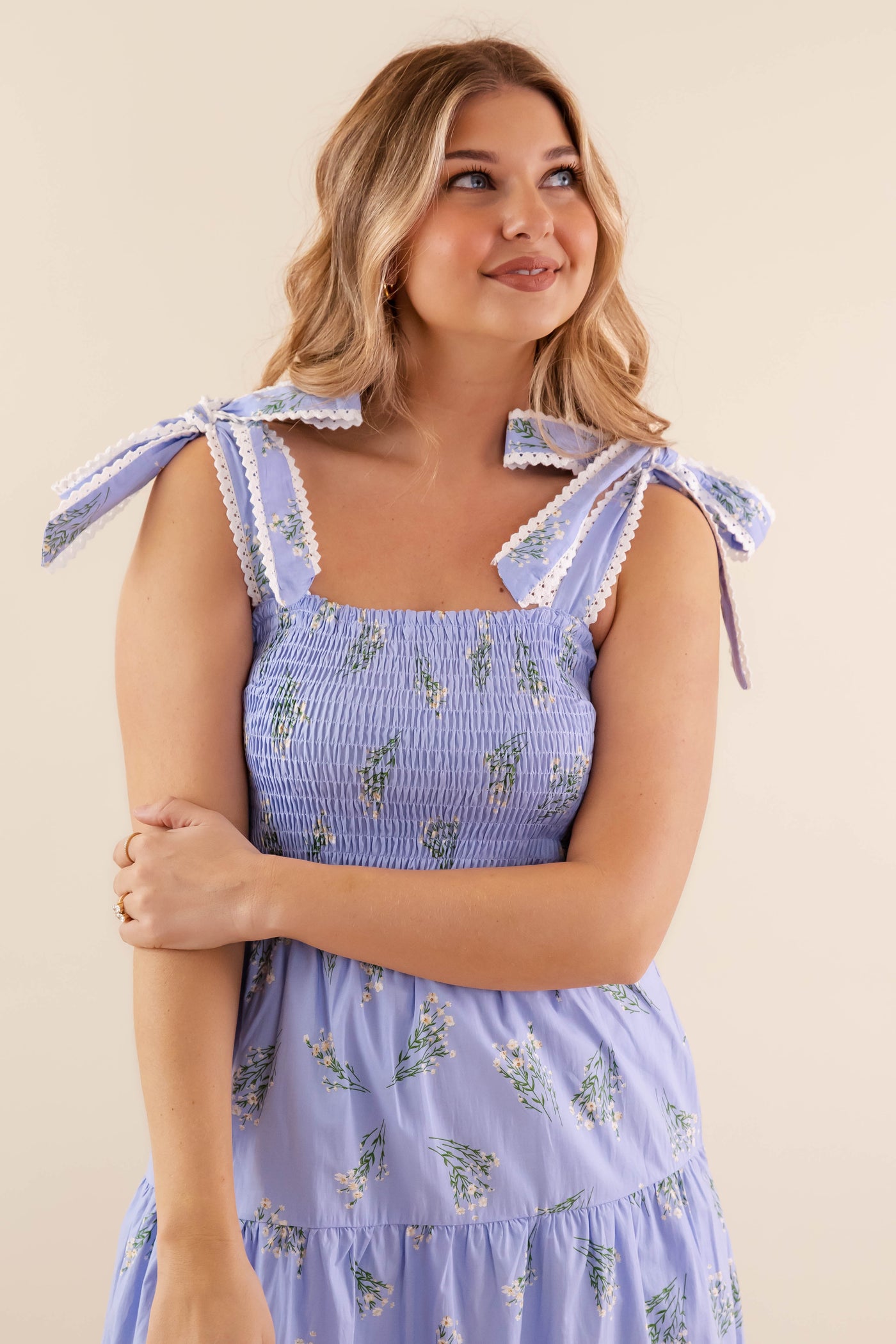 Floral Smocked Tie Shoulder Midi Dress- Women's Blue Scallop Midi- Entro Dresses