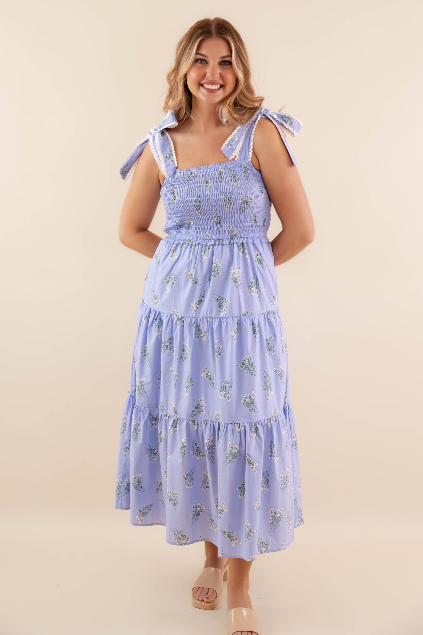 Floral Smocked Tie Shoulder Midi Dress- Women's Blue Scallop Midi- Entro Dresses