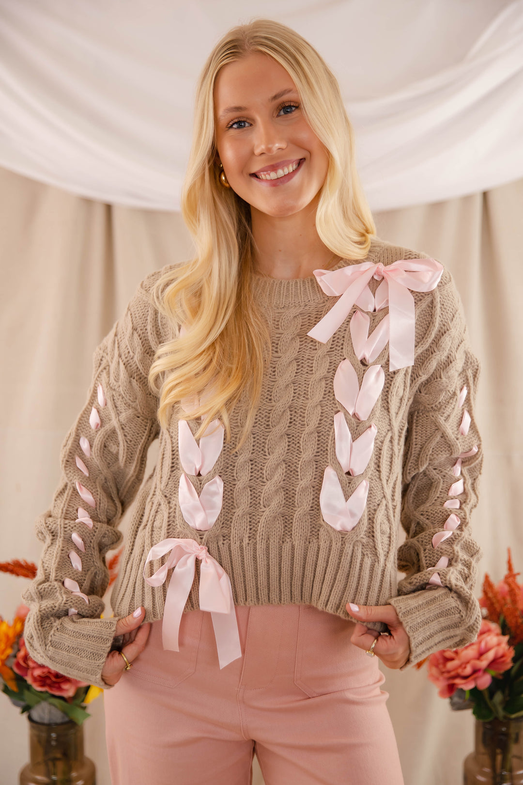 Women's Cute Bow Sweater- Cropped Ribbon Cable Knit Sweater