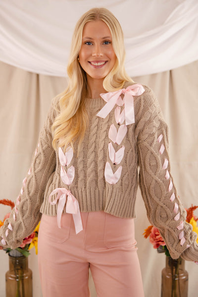 Women's Cute Bow Sweater- Cropped Ribbon Cable Knit Sweater