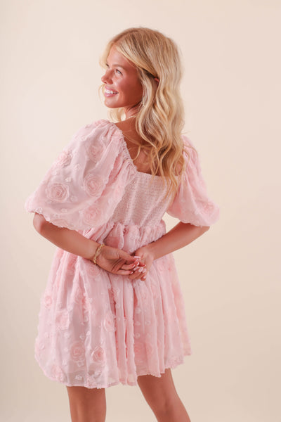 Women's 3D Rose Dress- Blush Pink Babydoll Dress- Women's Pink Flower Dress
