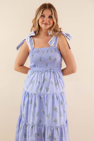 Floral Smocked Tie Shoulder Midi Dress- Women's Blue Scallop Midi- Entro Dresses