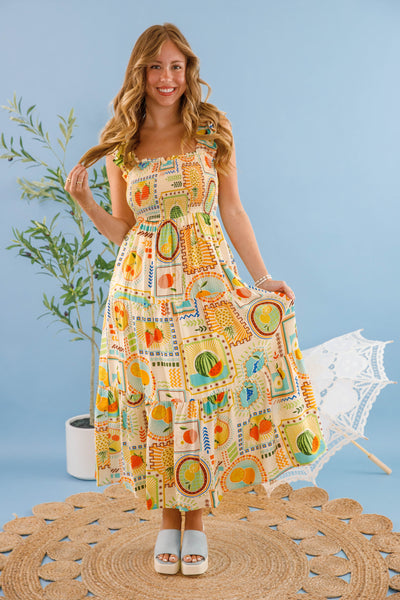 Women's Tropical Fruit Print Dress- Vibrant Summer Midi Dress- Perfect Vacation Dress