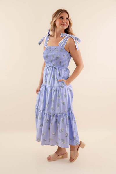 Floral Smocked Tie Shoulder Midi Dress- Women's Blue Scallop Midi- Entro Dresses