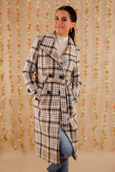 Women's Plaid Winter Coat- Double Breasted Check Print Coat- Women's Coat With Belt