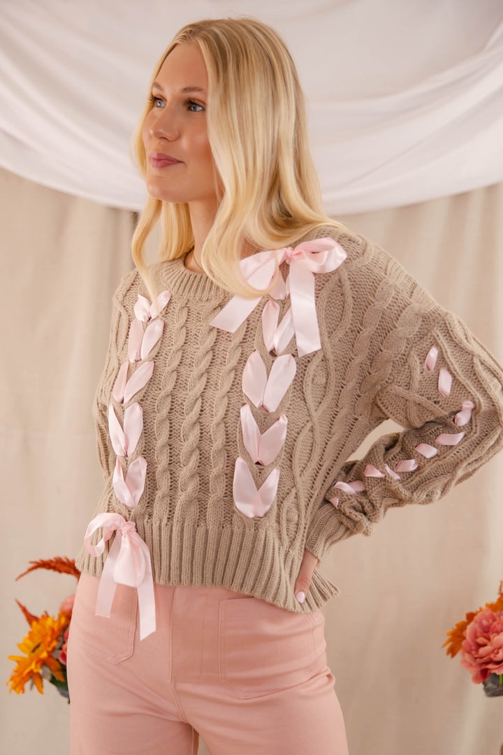 Women's Cute Bow Sweater- Cropped Ribbon Cable Knit Sweater